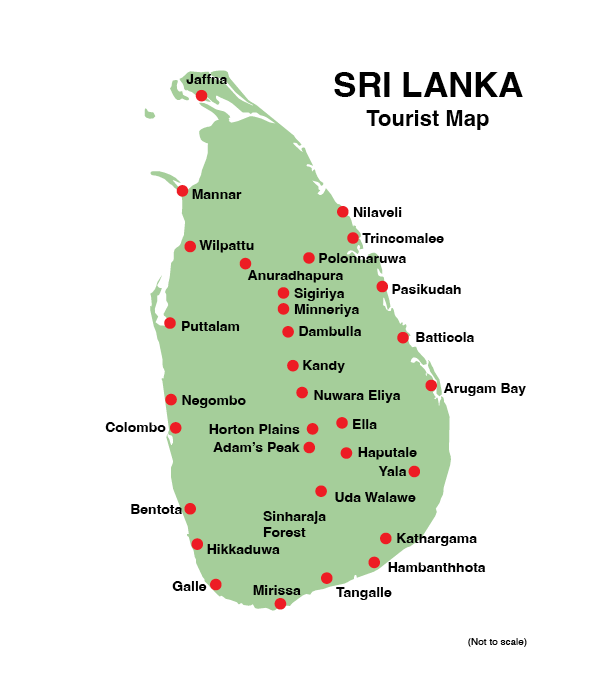 Sri Lanka tourist map showing the main regions and destinations